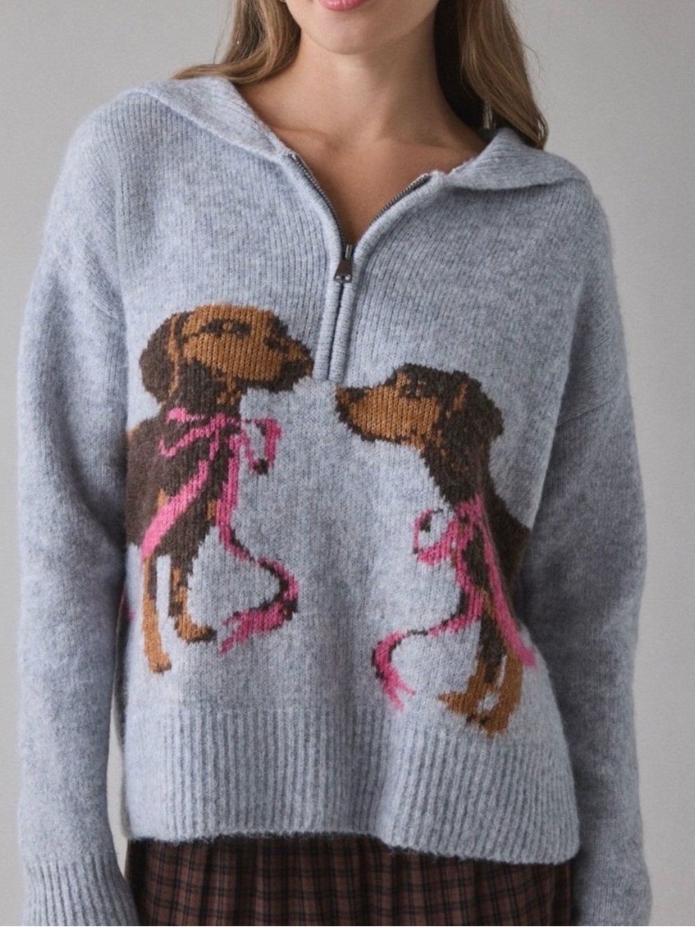 Kimchi Blue Grey Zip-Front Sweater with Brown Dog Motif and Pink Accents